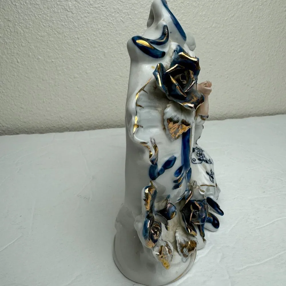 Vintage  Victorian Porcelain Figurines Blue & White & Gold Alarm Clock